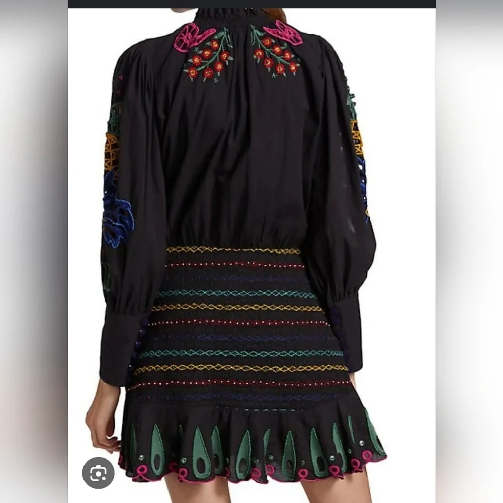 FarmRio Embroidered Puffsleeve  Black Dress Colorful Parrot Design Romantic Sz M - Picture 3 of 16
